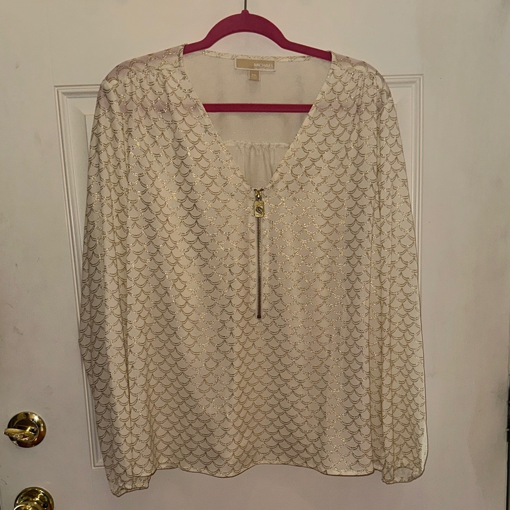 Michael Kors Cream Long-Sleeve Metallic Scallop Zip Blouse